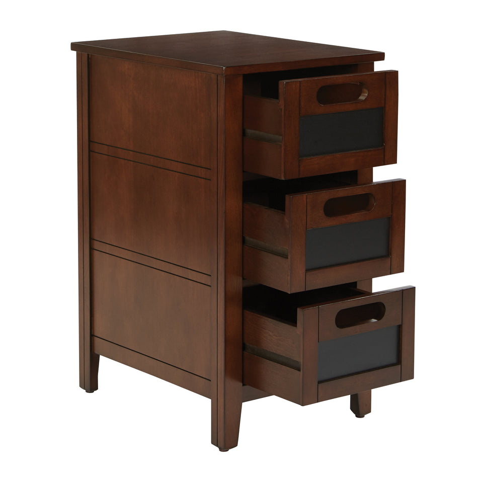 avery chalkboard 3 drawer chalkboard side table in chestnut finish drawers open