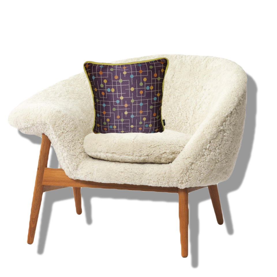 Candyland Purple Blue Green Orange Yellow Decorative Pillow Cover White Chair View GEO-006