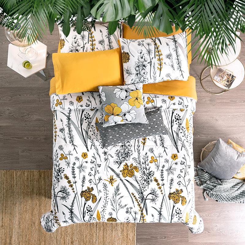 modern yellow, black, & white floral reversible comforter set top view