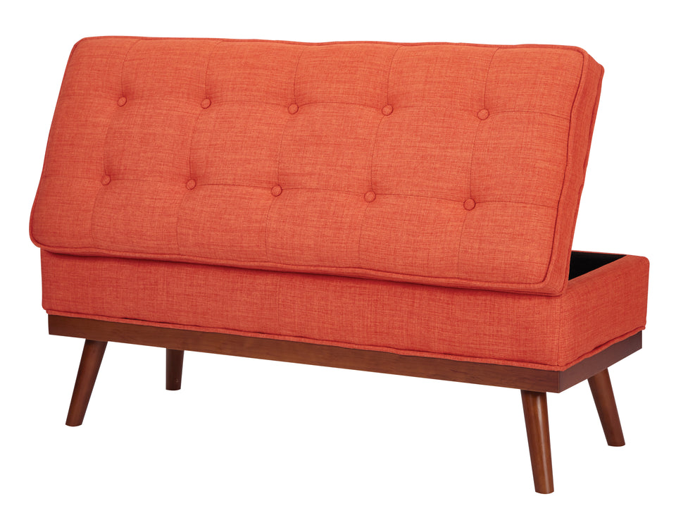 kathy orange tweed fabric tufted storage bench open back angle view