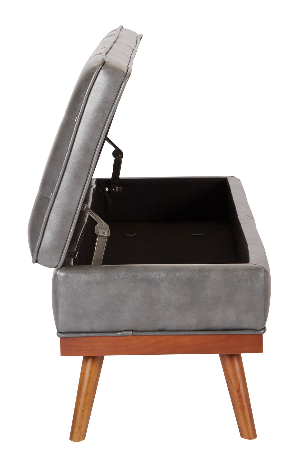 kathy gray faux leather tufted storage bench open side view