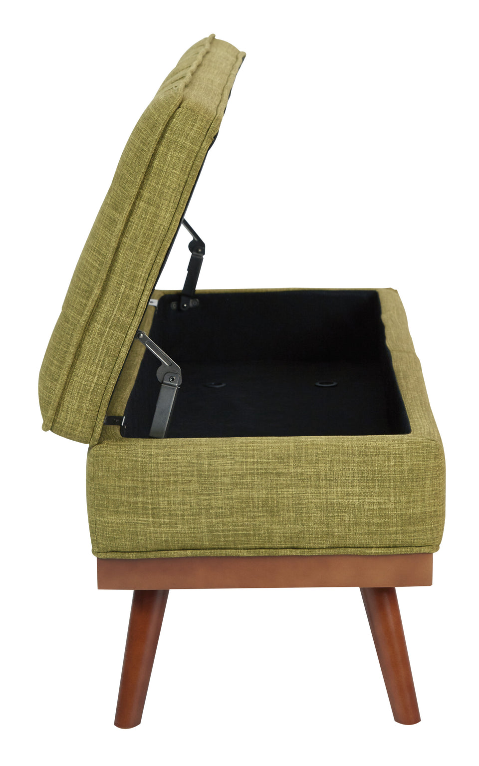 kathy green tweed fabric tufted storage bench open side view