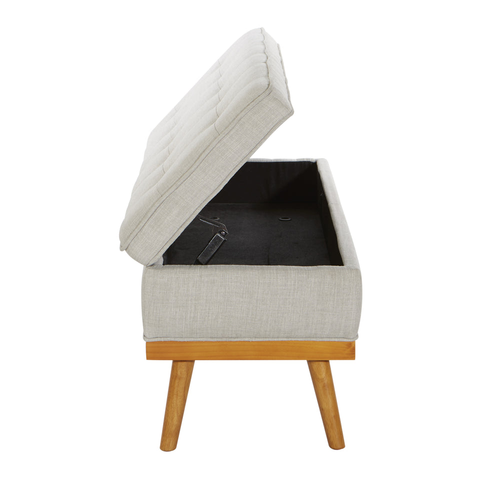kathy oatmeal tweed fabric tufted storage bench open side view