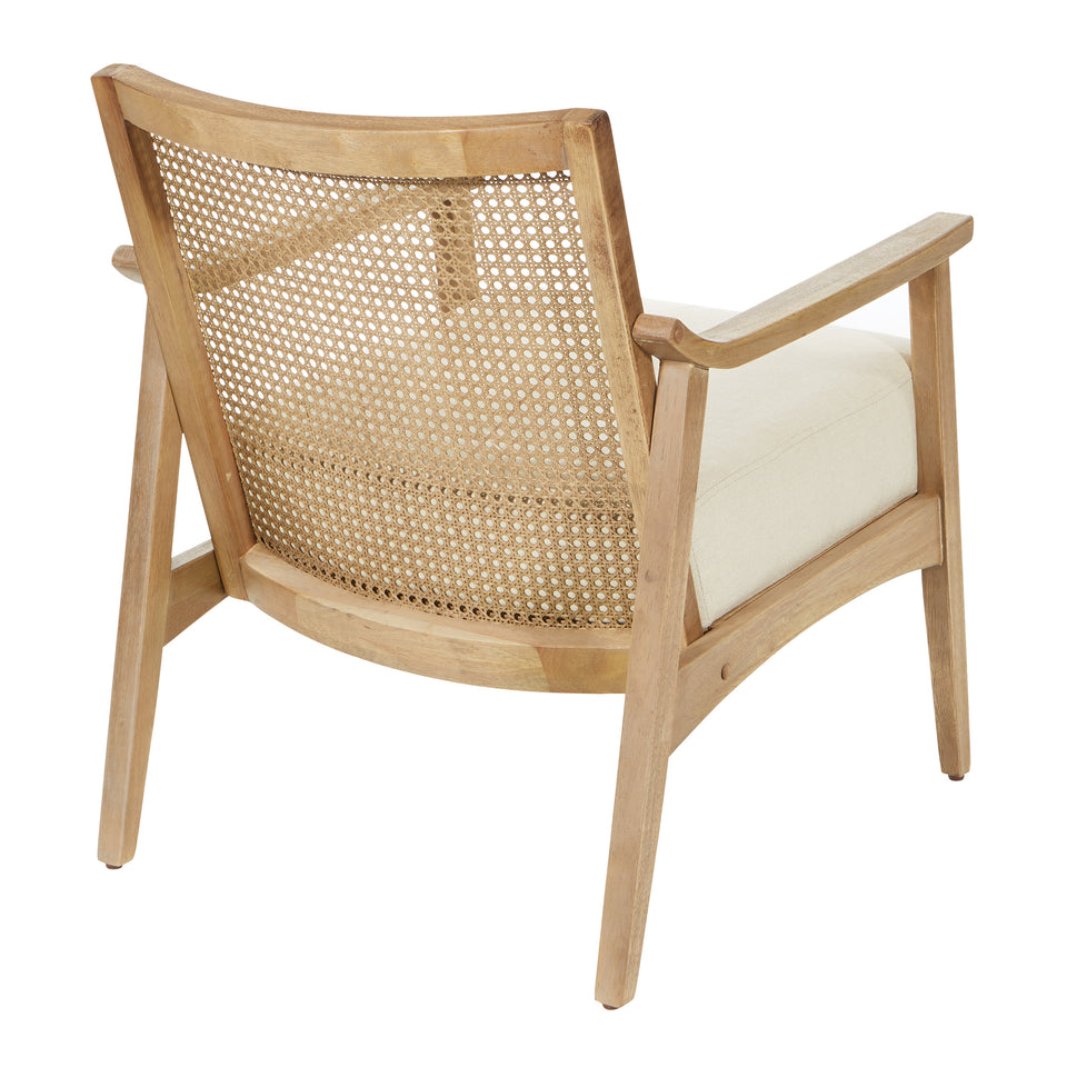 Rustic, solid wood frame, natural finish and deeply padded seating ensure a durability and comfort. The softly curved cane back provides visual interest and texture to distinguish your living room, family room or reading nook. back view