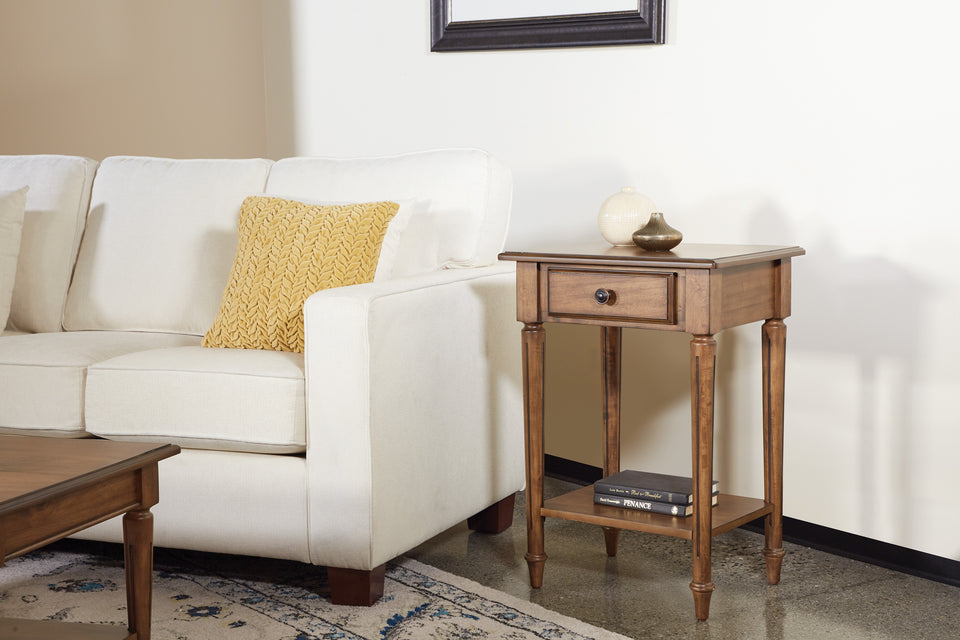 mid century modern light walnut coffee table with end table and white couch