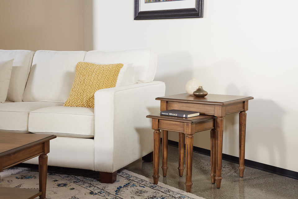 mid century modern light walnut nesting tables with coffee table and bavido white sofa
