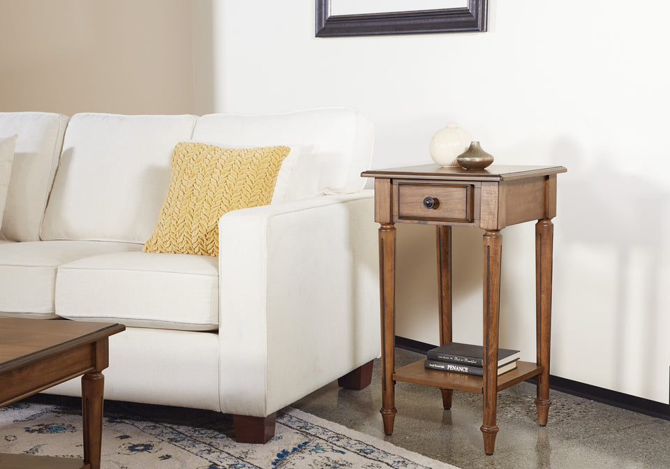 mid century modern light walnut side table room setting with coffee table and white sofa