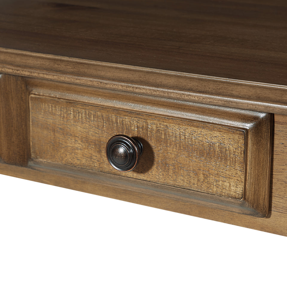 mid century modern light walnut foyer table antique bronze hardware detail