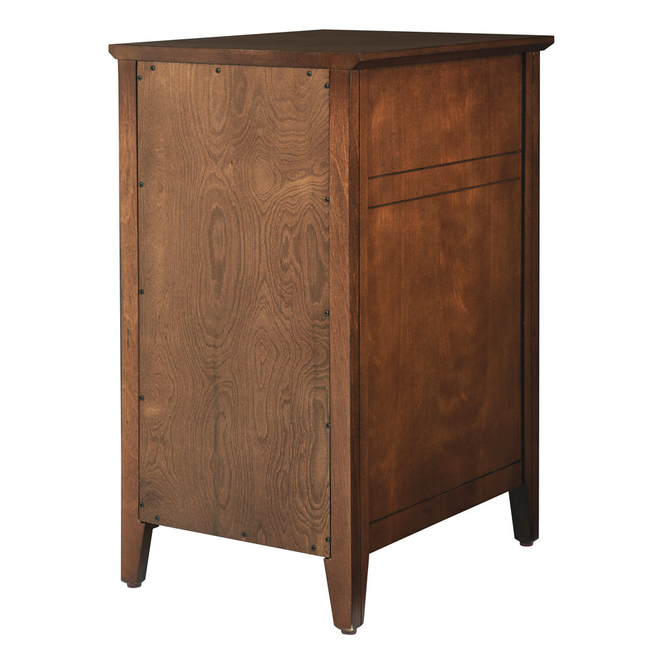 brook chestnut side table. Shutter style door and drawer with black knob. Back view.