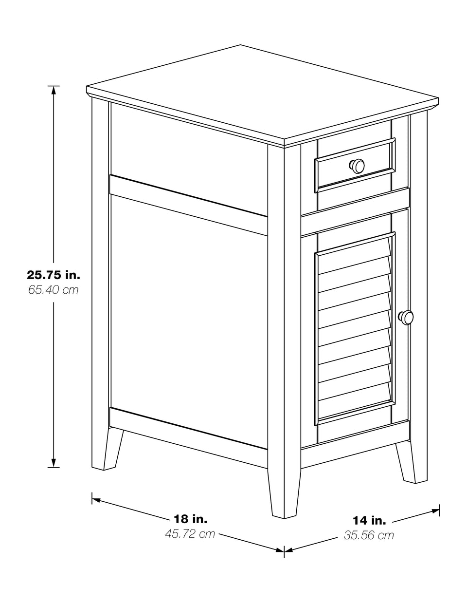 brook chestnut side table. Shutter style door and drawer with knob 3d black and white schematic