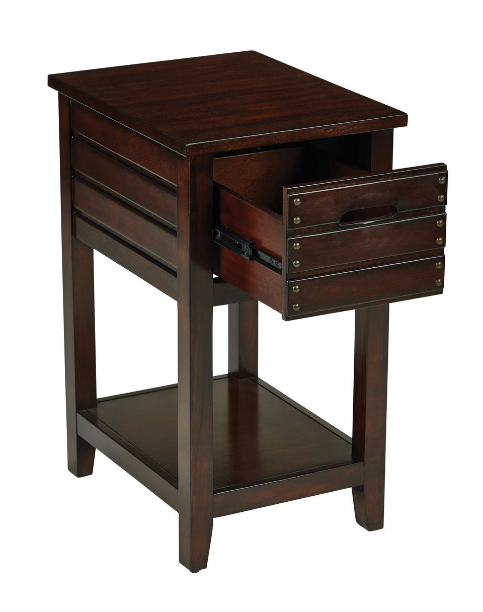 camille walnut side table with nailhead accents and single drawer open