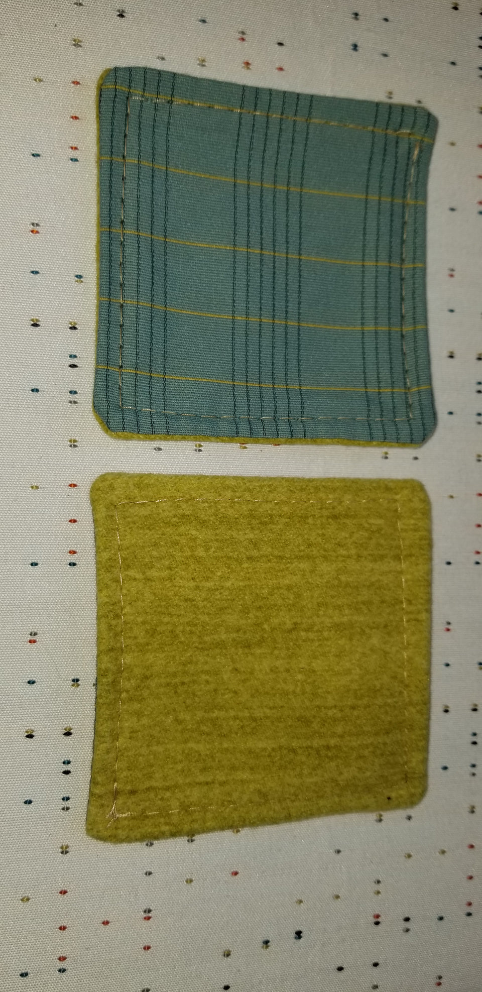 Charlie turquoise and lime green plaid coasters front and back detail 2