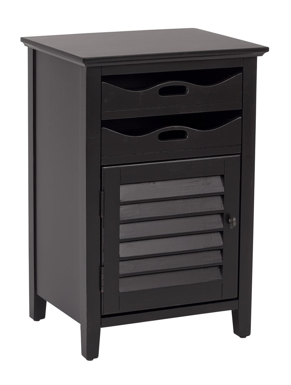charlotte side table shutter door and two letter tray slide out drawers in black