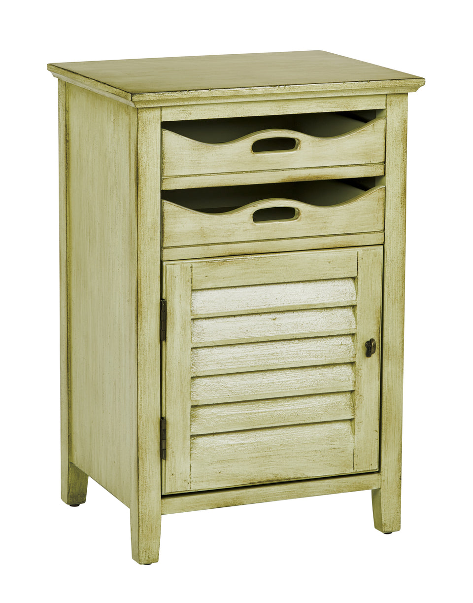 charlotte side table shutter door and two letter tray slide out drawers in distressed celadon