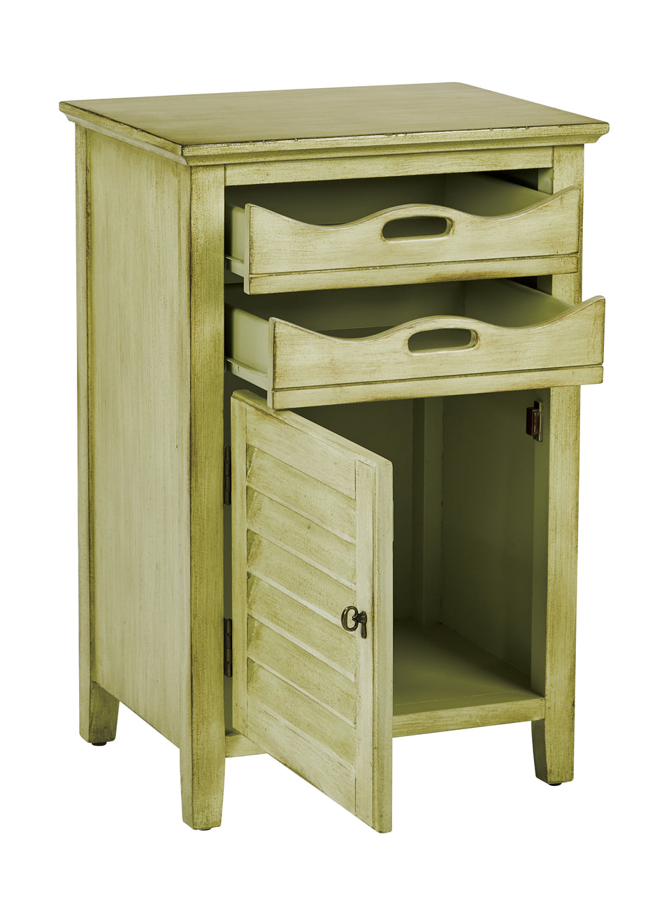 charlotte side table shutter door and two letter tray slide out drawers in distressed celadon open