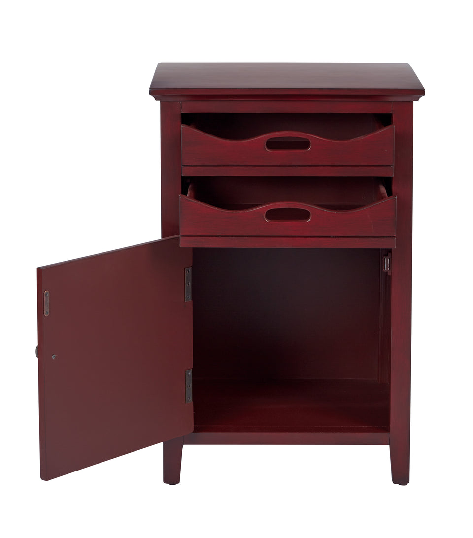 charlotte side table shutter door and two letter tray slide out drawers in chestnut open