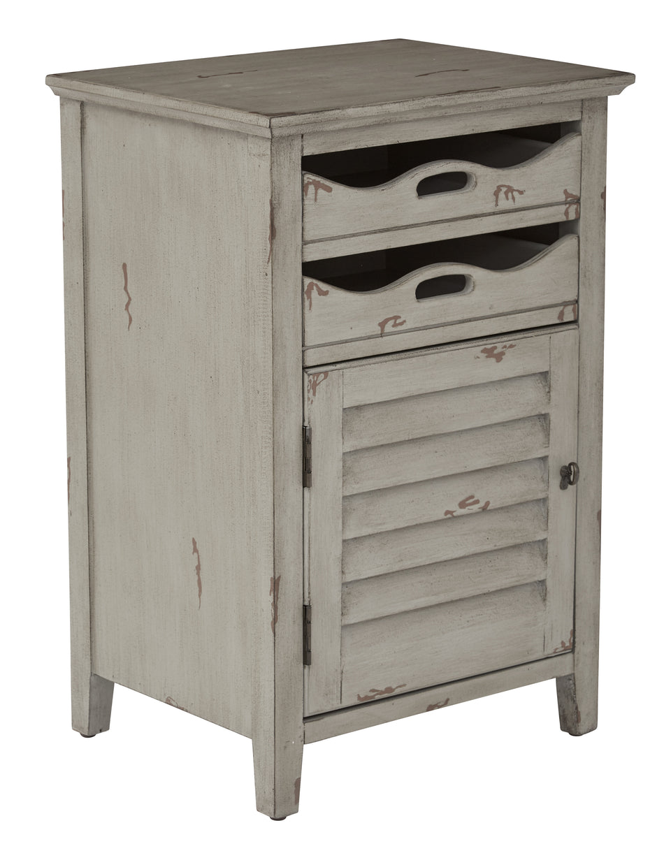 charlotte side table shutter door and two letter tray slide out drawers in distressed gray