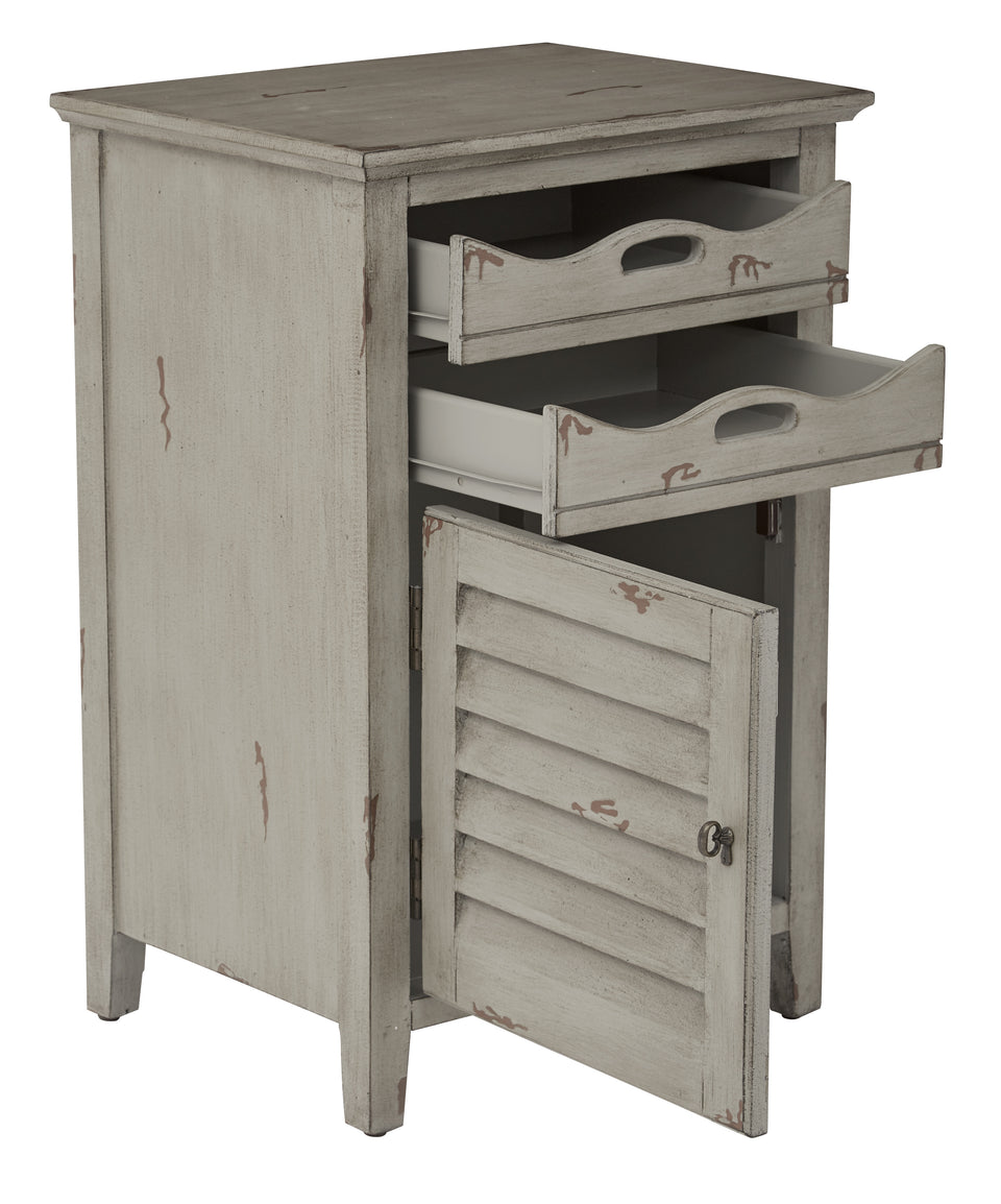 charlotte side table shutter door and two letter tray slide out drawers in distressed gray open