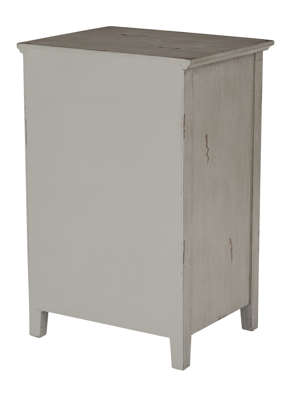 charlotte side table shutter door and two letter tray slide out drawers in distressed gray back
