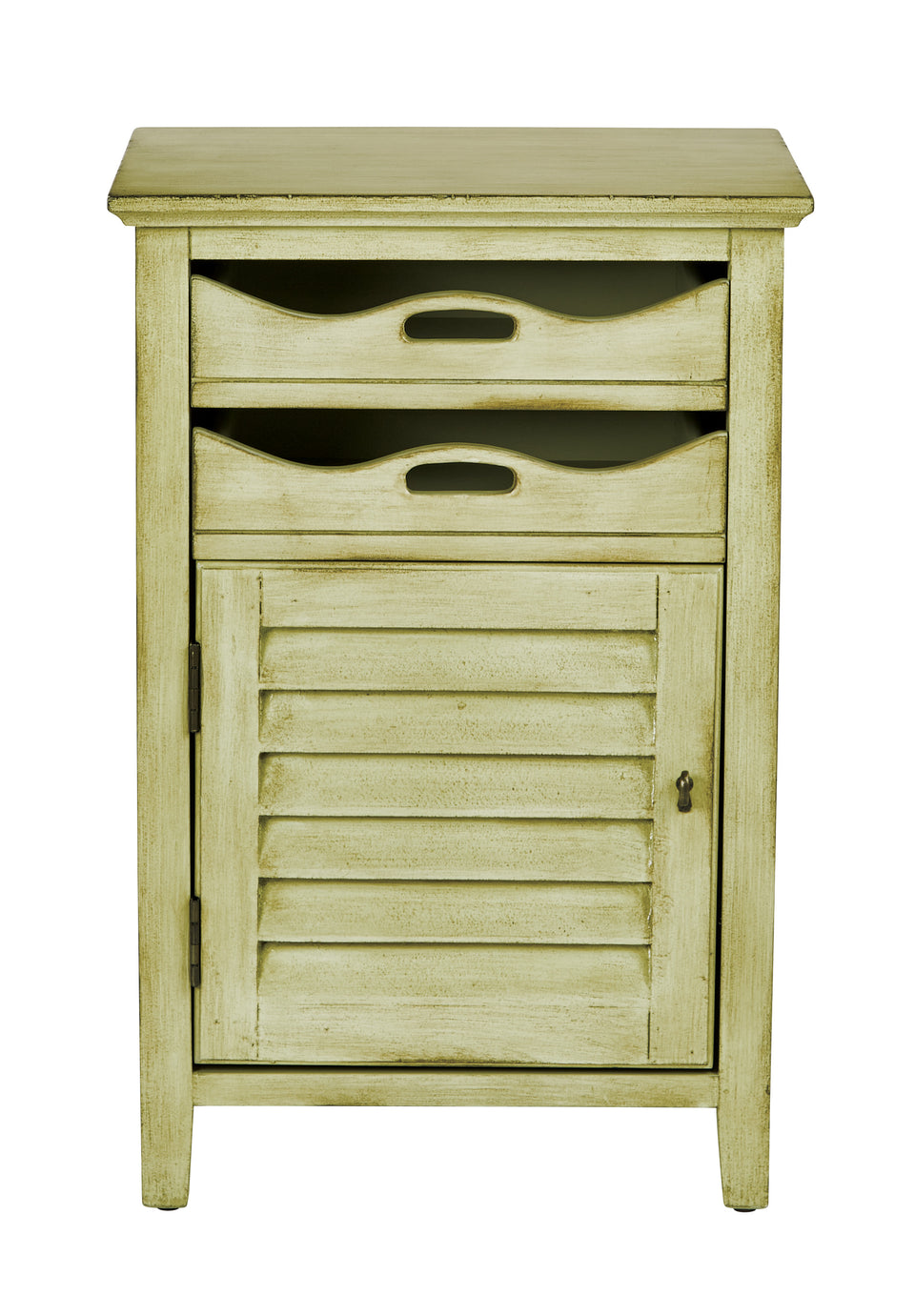 charlotte side table shutter door and two letter tray slide out drawers in distressed celadon front