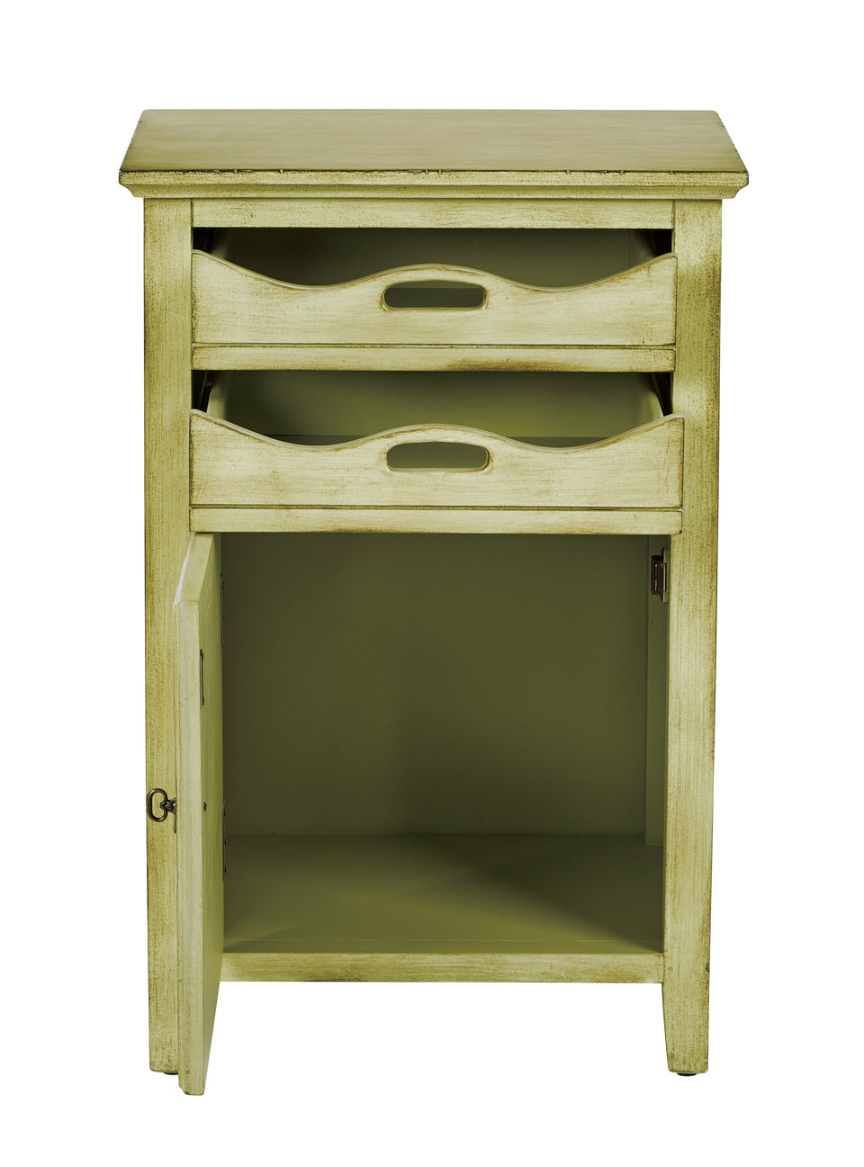 charlotte side table shutter door and two letter tray slide out drawers in distressed celadon open front