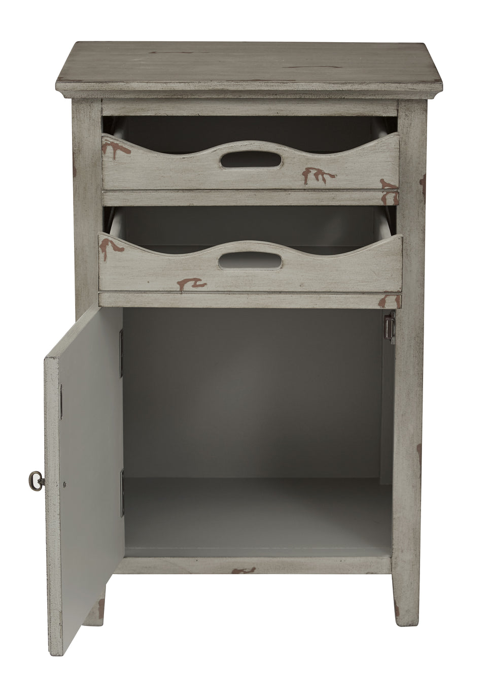 charlotte side table shutter door and two letter tray slide out drawers in distressed gray open front view