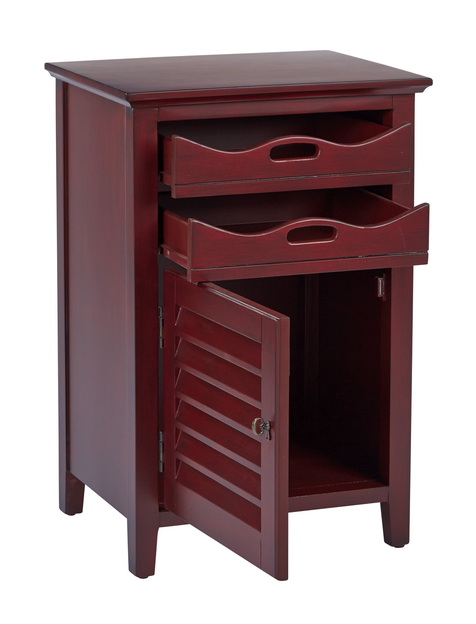 charlotte side table shutter door and two letter tray slide out drawers in chestnut open angle