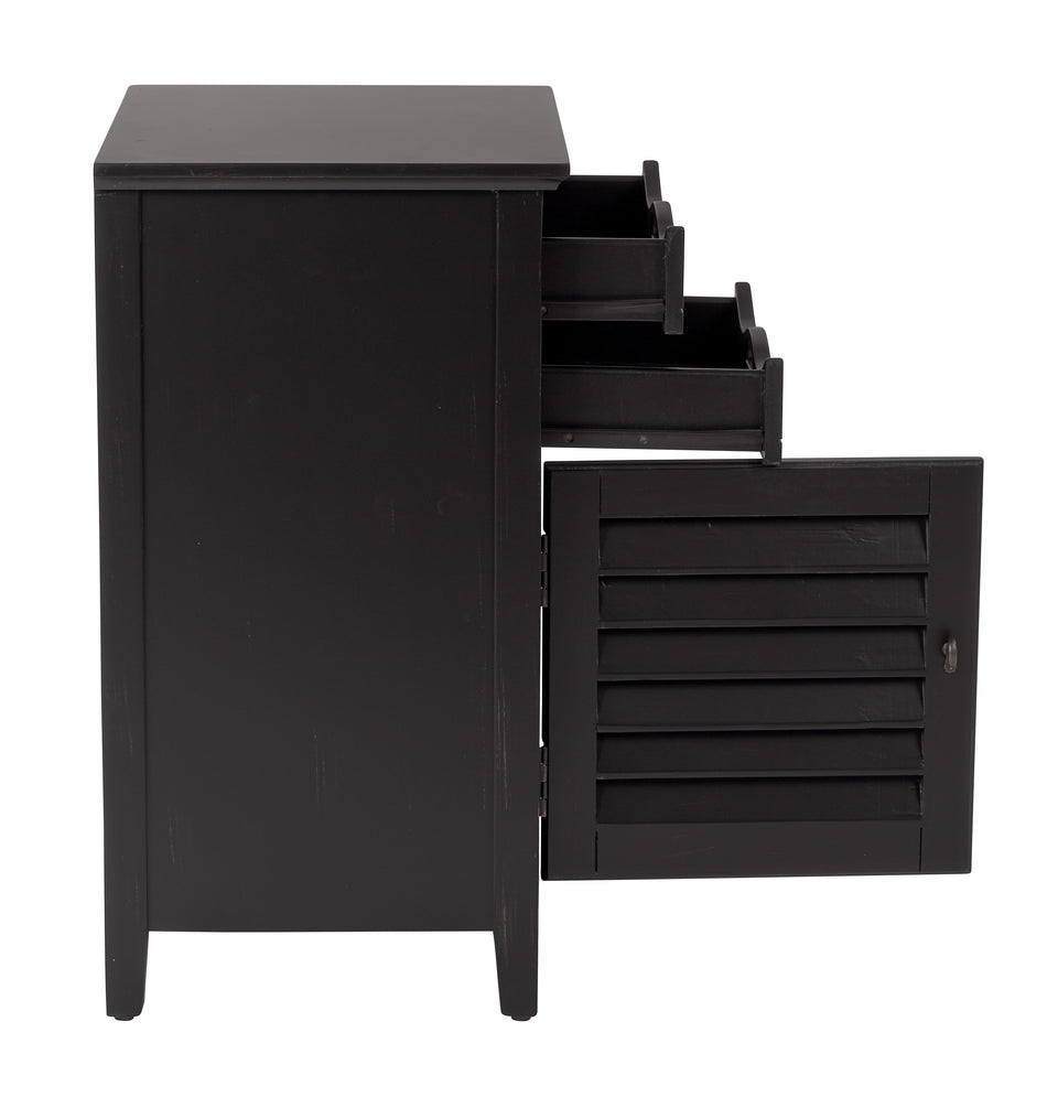charlotte side table shutter door and two letter tray slide out drawers in black side view open