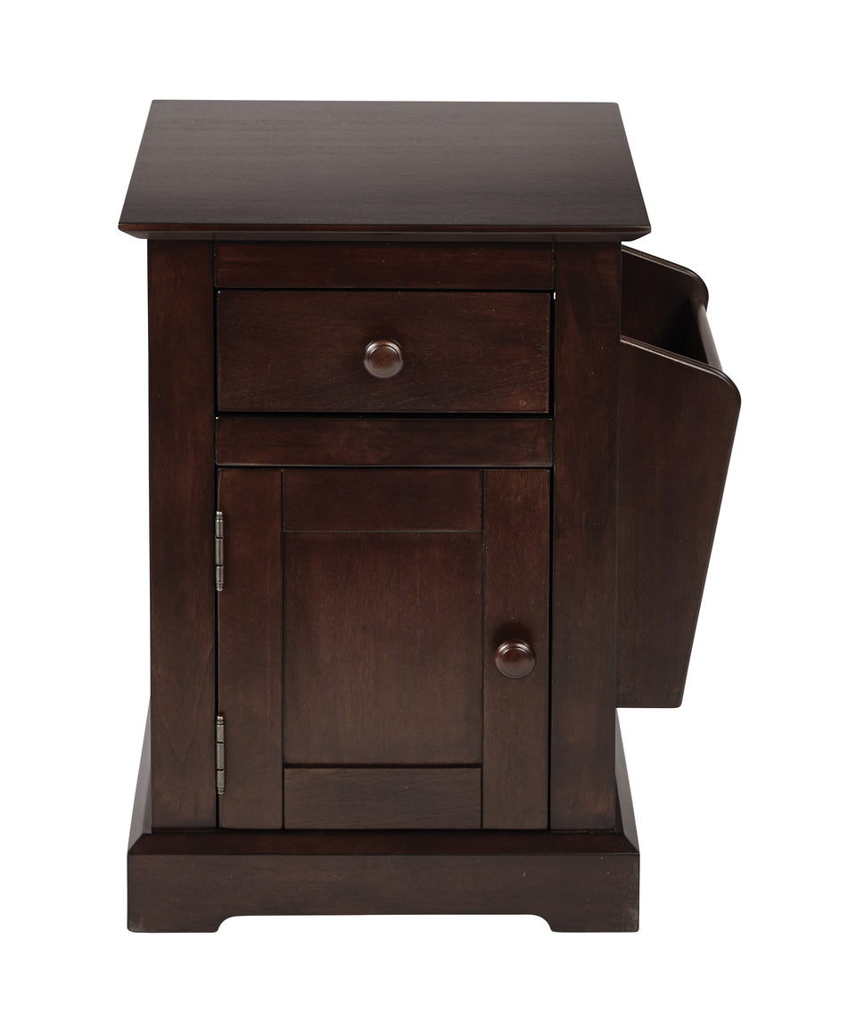 colette walnut side table with drawer and magazine holder front view