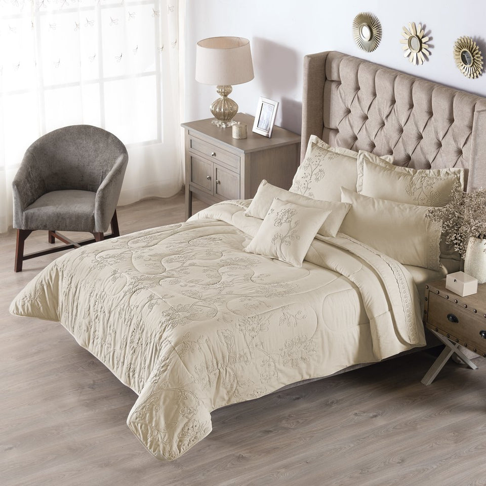 Ivory Elegant Floral Embroidered Comforter Set