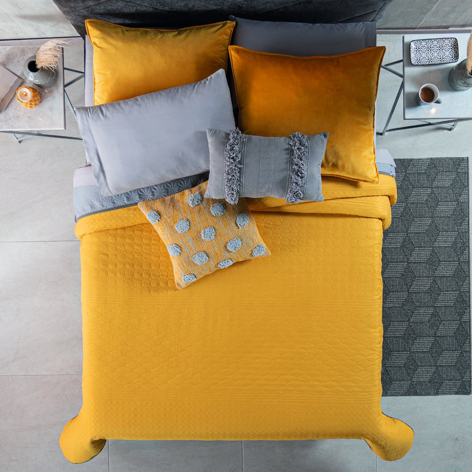 decurban modern home bedroom decor yellow & gray reversible embroidered comforter with gray decorative pillows & bedding accents top view