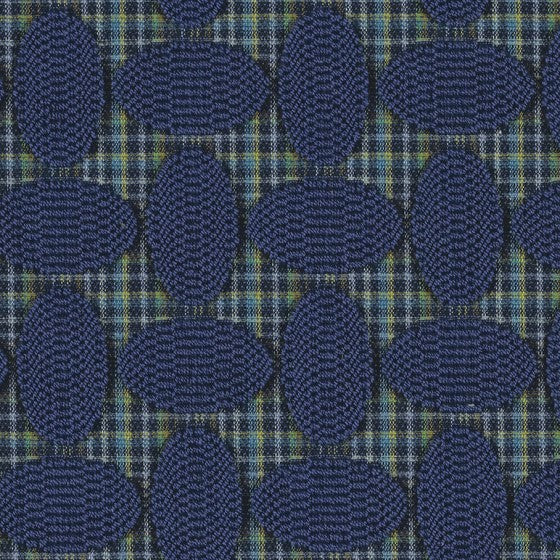 navy blue circle geometric pattern on top of white, blue, green plaid by Designtex Ainsley, color Cobalt