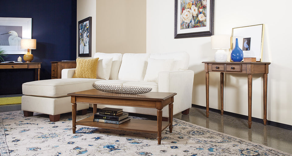mid century modern light walnut coffee table with foyer table and white bavido sectional