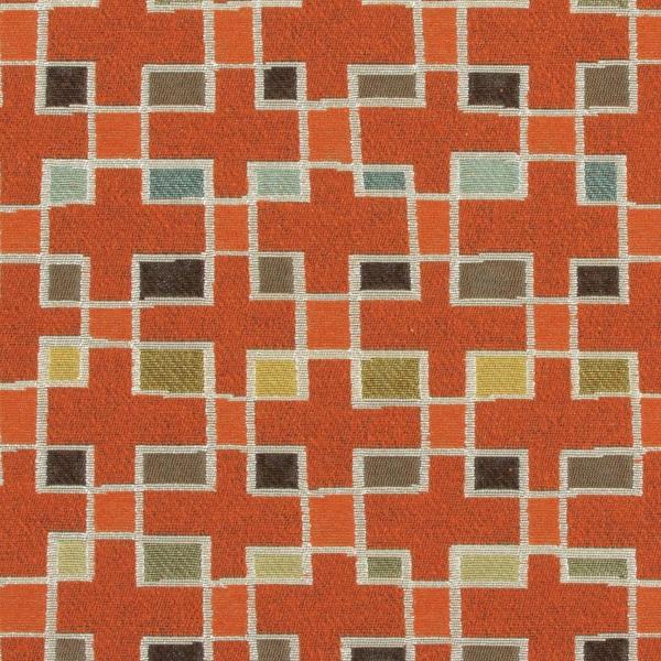 orange, taupe, mint, and yellow geometric patterned fabric by Arc-Com Block Party, color Papaya