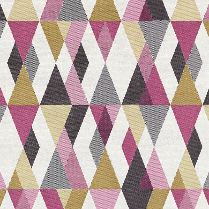 magenta, light pink, gray, beige, and gold diamond patterned fabric by Arc-Com Harlequin, color Flamingo