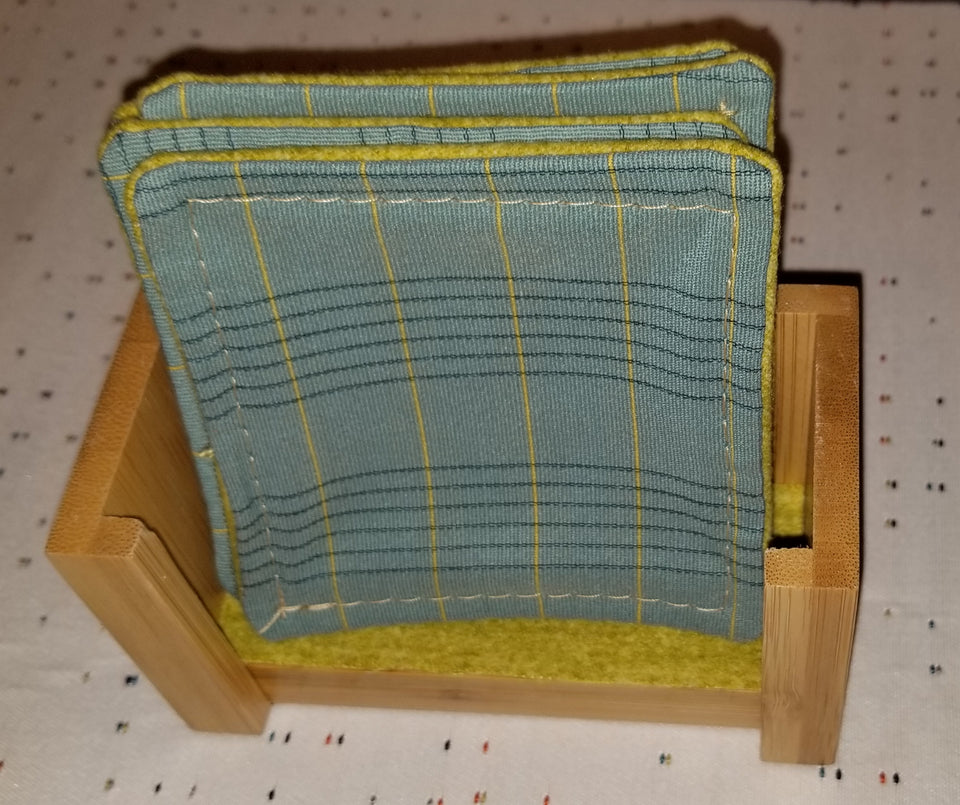 Charlie turquoise and lime green coasters with modern upright bamboo coaster holder Carmen. 