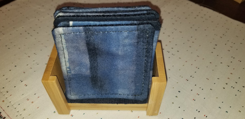 Bamboo coaster holder with navy patterned coasters set
