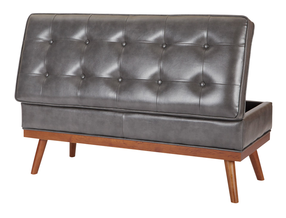 kathy gray faux leather tufted storage bench open back view