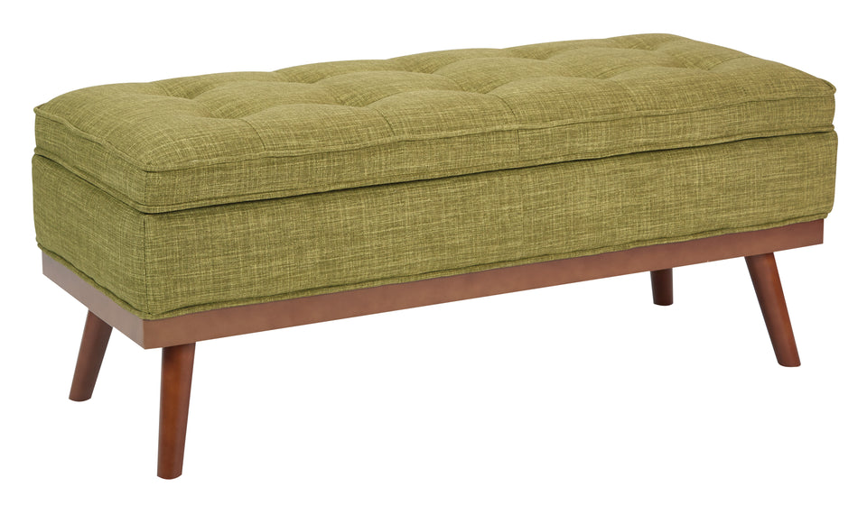 kathy green tweed fabric tufted storage bench closed angle view