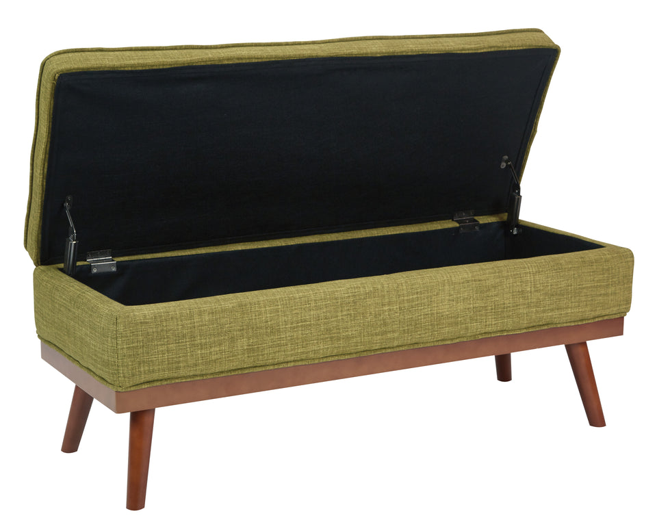 kathy green tweed fabric tufted storage bench open angle view