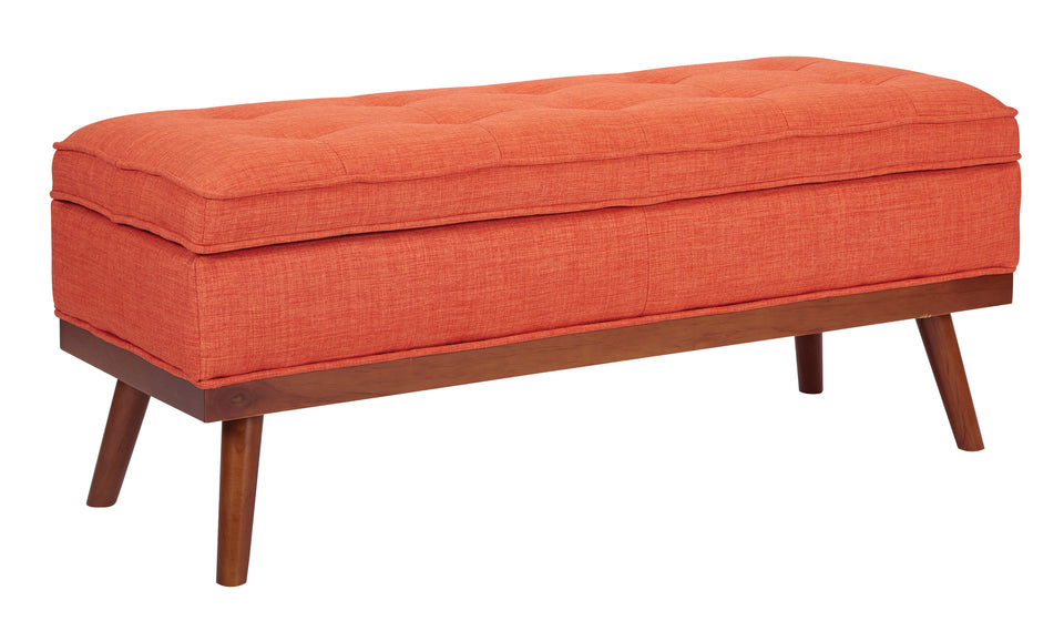kathy orange tweed fabric tufted storage bench closed angle view