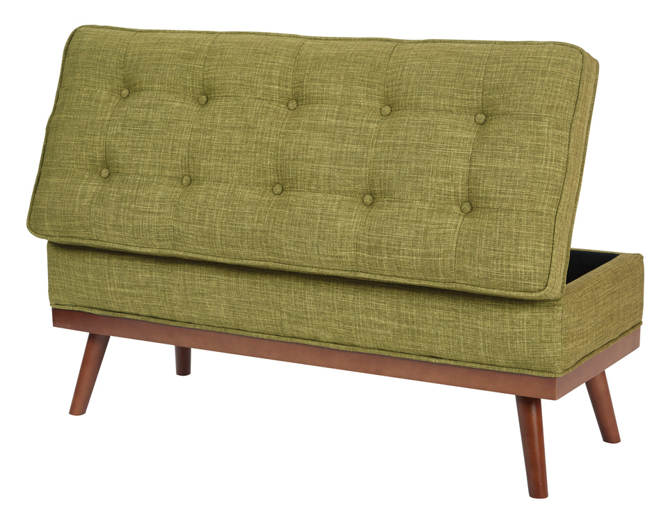 kathy green tweed fabric tufted storage bench open back angle view