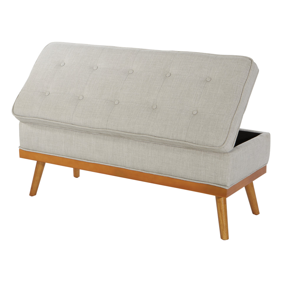 kathy oatmeal tweed fabric tufted storage bench open back angle view