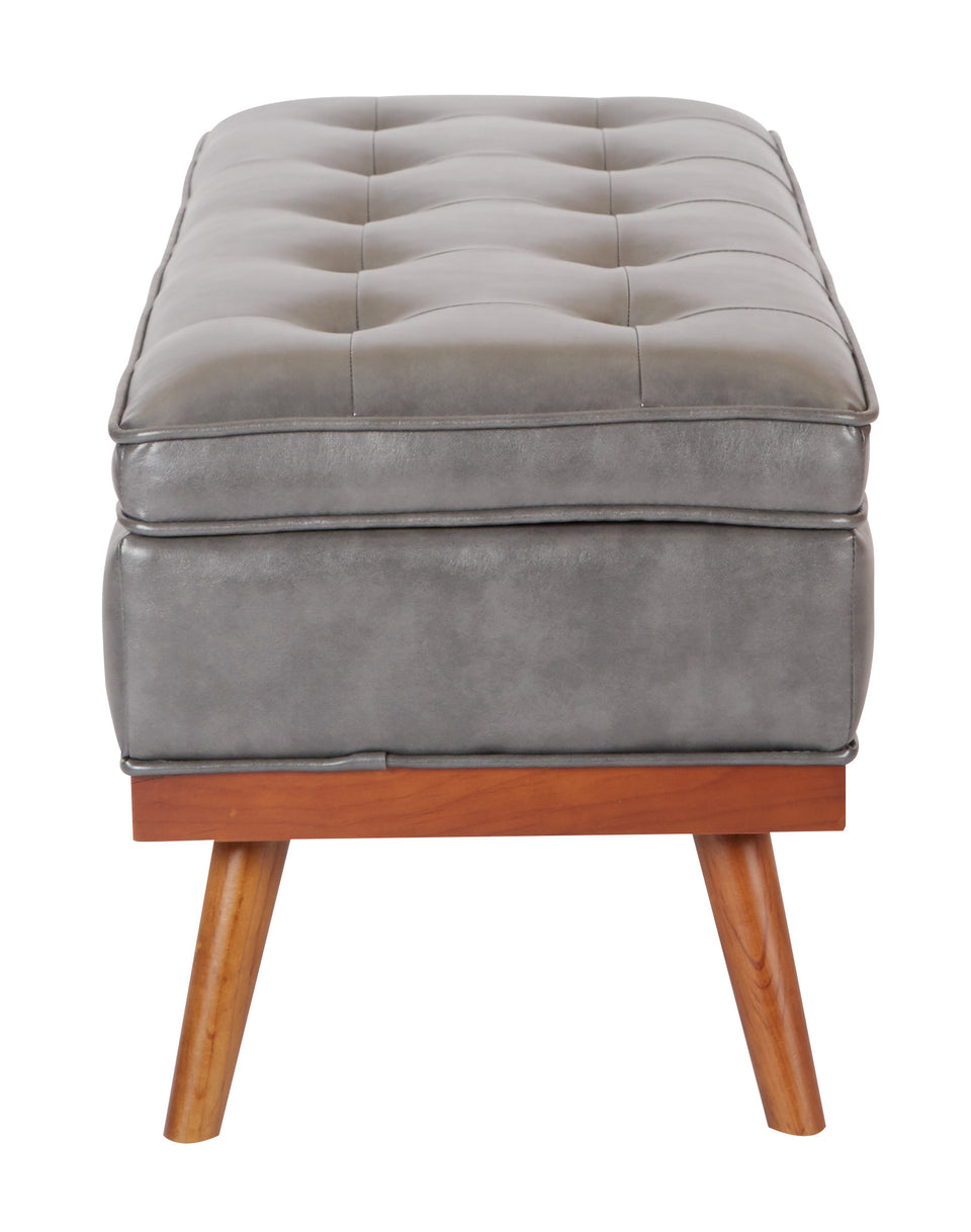 kathy gray faux leather tufted storage bench closed side view