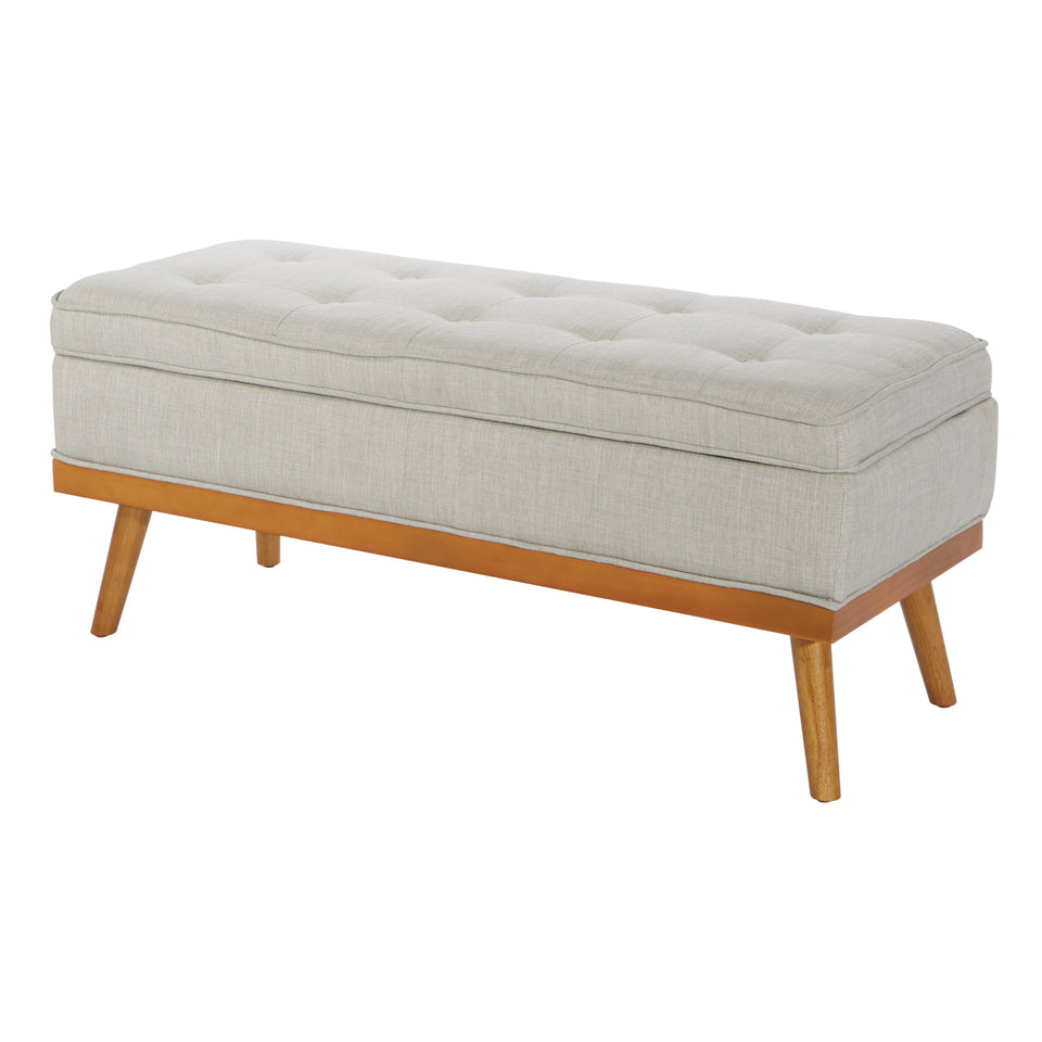kathy oatmeal tweed fabric tufted storage bench closed angle view