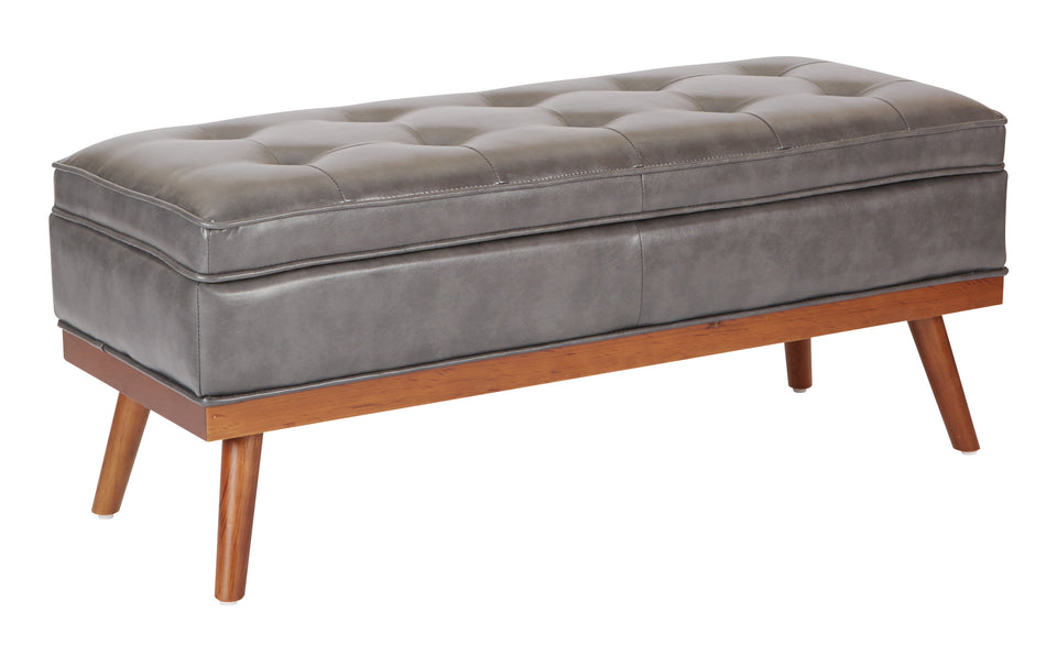 kathy gray faux leather tufted storage bench closed angle view