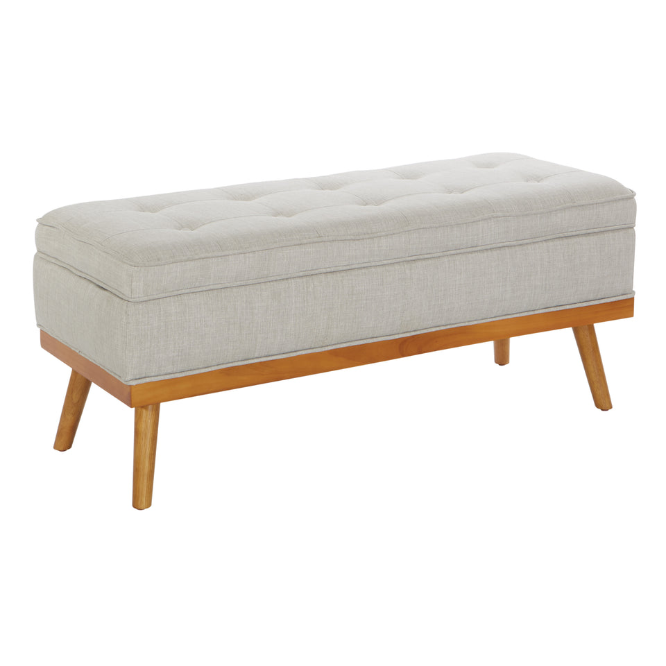 kathy oatmeal tweed fabric tufted storage bench closed angle view