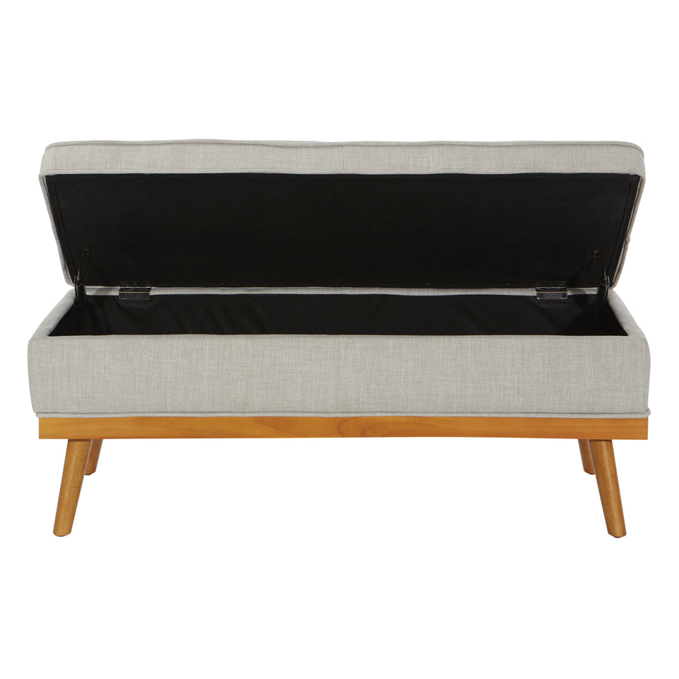 kathy oatmeal tweed fabric tufted storage bench open front view