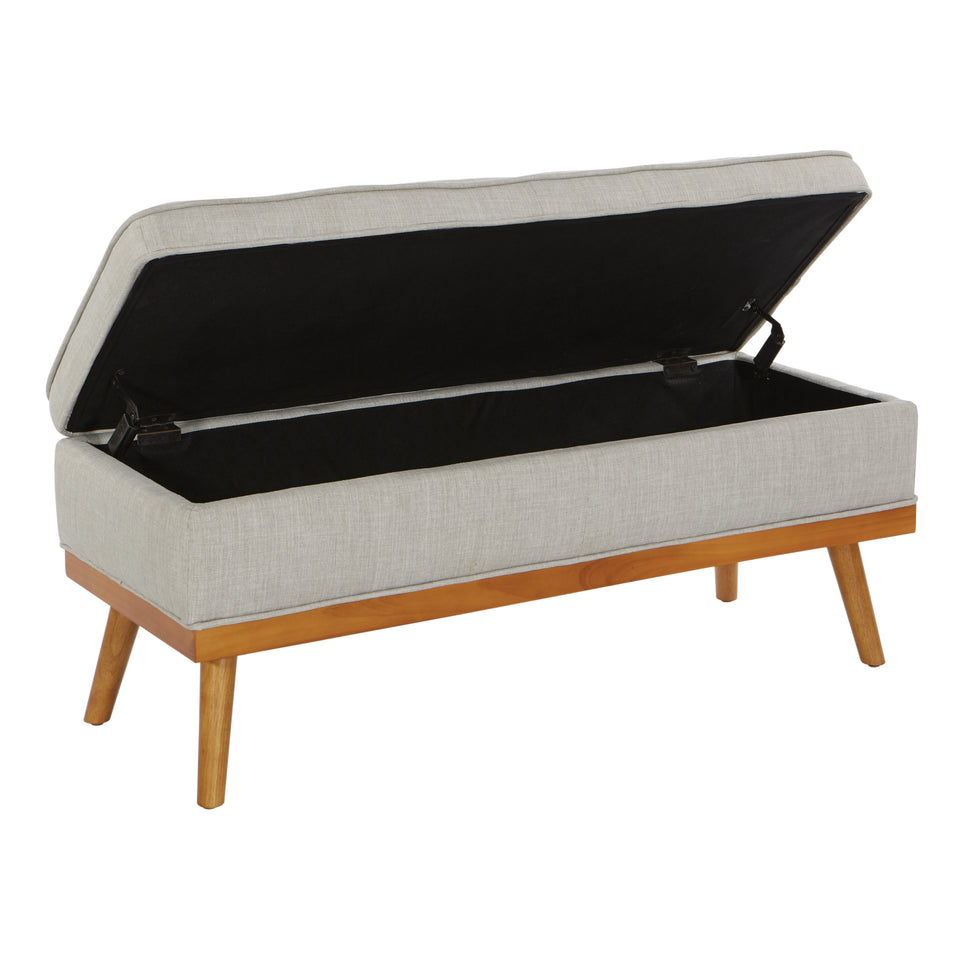 kathy oatmeal tweed fabric tufted storage bench open angle view