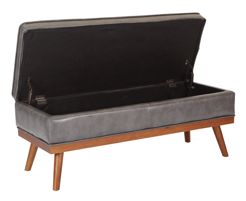 kathy gray faux leather tufted storage bench open angle view